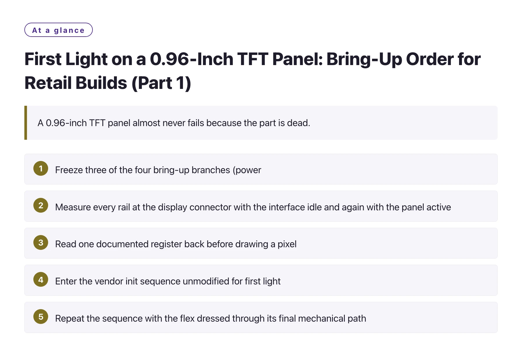 First Light on a 0.96-Inch TFT Panel: Bring-Up Order for Retail Builds (Part 1)——全文要点速览